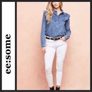 NWOT Light Wash Ruffle Denim Button Down Shirt